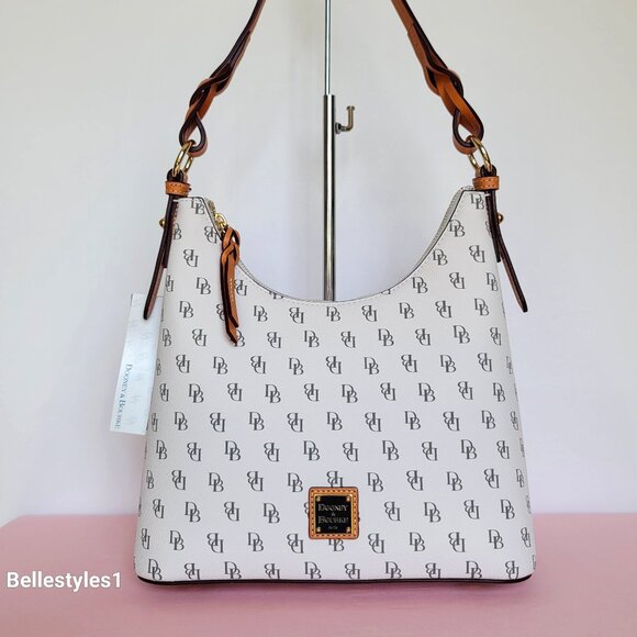 DOONEY & BOURKE Bryce Signature Logo Print Coated Fabric Hobo Bag- Bone color⭐ - Picture 2 of 16